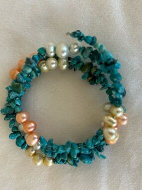 Turquoise Chip & Pearl Wrap Bracelet - Turquoise, Peach, Cream -